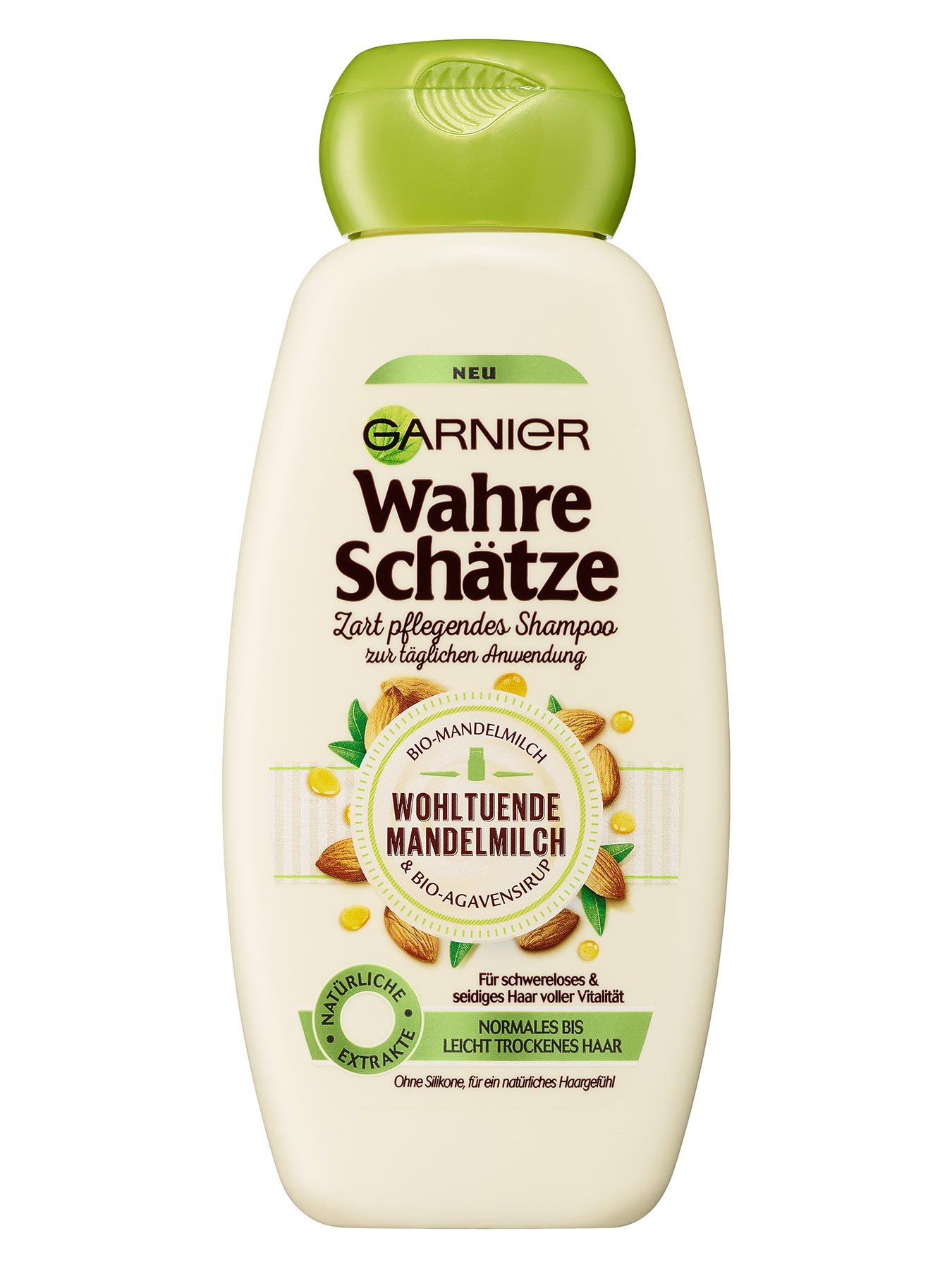 Zart-Pflegendes-Shampoo-Wahre-Schaetze-Wohltuende-Mandelmilch-300ml-Vorderseite-Garnier-De-gross